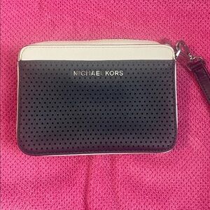 Michael Kors Navy Blue and White Perforated Clutch